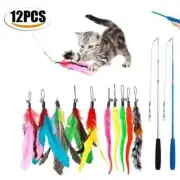 12pcs Cat Feather Toy Set Interactive Teaser Wand Kitten Play Retractable Stick