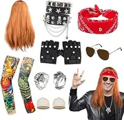 13Pcs Heavy Metal Rocker Wig Set, Punk Gothic Rocker Costume Accessories with PU Gloves Sunglasses Vintage Red Bandana Bracelet Rings Temporary Tattoo Sleeves 70s 80s Fancy Dress for Men Women