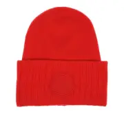 NEW MONCLER CORAL RED DOUBLE LAYERED 100% WOOL LOGO BEANIE HAT ONE SIZE