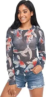 [RPLIFE] Watercolor Dark Blue Red Fish Long Sleeve Fishnet Top, Sheer Shirts for Women Sexy S-XXL