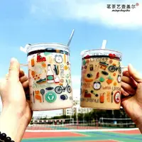 在飛比找樂天市場購物網優惠-韓國可愛玻璃杯子熱飲咖啡馬克杯刻度吸管牛奶杯透明帶蓋勺喝水杯