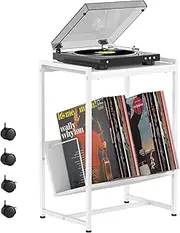 White Record Player Table with Album Storage 2 Tier Small Vinyl Record Turntable Holder Stand End Table with Record Storage Shelf Record Player Stand with Wheels for Living Room Bedroom Office
