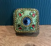 Mini Trinket Box Pill Sparkle Beads Mirror Ring Jewelry Lid Felt Lined Green