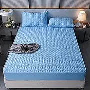 Deep Pocket Bed Sheet,Solid Color Thickened Pure Cotton Quilted Bedding Sheets, Holiday Home Anti-Slip Mattress Topper Pillowcase,Sky Blue,140x200cm+30cm (3pcs)
