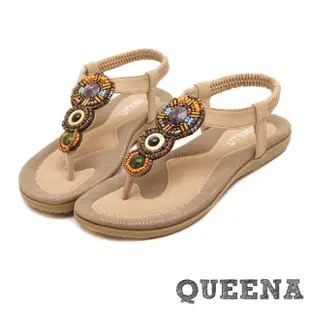 【QUEENA】厚底涼鞋 夾腳涼鞋/波西米亞風手工珠飾彈力舒適厚底夾腳涼鞋(米)