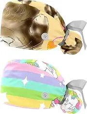 [WOSHJIUK] Working Hat 2 Pack Scrub Caps for Women,Cute Hand Drawn cat,Tie Back Cap Adjustable Scrub Hat