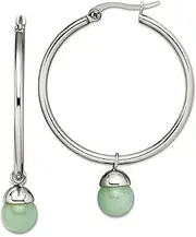 [JewelryWeb] Stainless Steel Dangle Polished Hoop With Green Aventurine Bead Earrings 37mm Wide 2mm Thick-Hoop Earring for Women