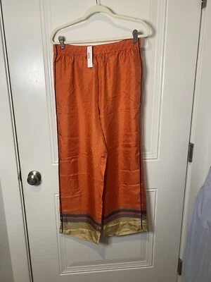 J.Crew NWT 100% Silk Pull On Pants Orange Chain Print Elastic Waist 12 Tall