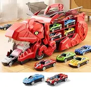Dinosaur Ultimate Hauler Track Toy for Boys, Transforms into Stomping Dinosaur with Race Track Ultimate Transporter Hauler Toddler Toys (Red)