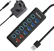 USB Hub with 24W Power Adapter, 6-Port USB 3.0 Hub Splitter (4 USB 3.0 Data Ports + 2 QC 3.0 Fast Charging Ports) with Individual LED Switches for Mac, PC (with Adapter)