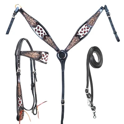 western Leather Equestrian Tooled Beaded Headstall,Breast Collar & Reins. (H053)