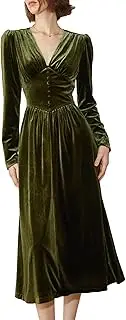 [xxxiticat] Women's Puff Sleeve Satin Maxi Dress Long Lantern Sleeve Button Down Ruffle Single Breasted Vintage Midi Dresses