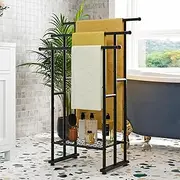 FOUBAM Black Free Standing Towel Racks for Bathroom Towel Rack Stand,3 Tiers Floor Bath Towel Holder,Metal Towel Organizers and Bathroom Storage for Laundry Room,Anti-Rust Ladder Towel Bar(Black)