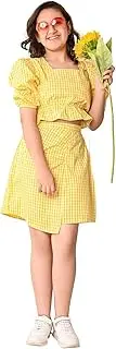 [LILPICKS] Girls Checkered Balloon Sleeves Top with Wrap Skirt Set (Yellow)