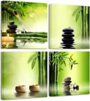 Modern 4 Panel Stretched Contemporary Zen Canvas Prints Perfect Bamboo Green Pic