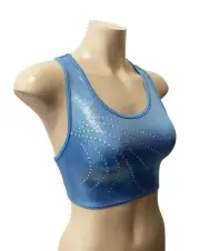 NEW ICE BLUE SHINY FOIL CROP TOP RHINESTONES Gymnastics Dance Acrobatics