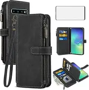 [Asuwish] Phone Case for Samsung Galaxy S10 Plus Wallet Cover with Tempered Glass Screen Protector and Leather Flip Credit Card Holder Cell Accessories S10+ S10plus 10S Edge S 10 10plus Women Men Black