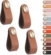 LEREATI 4 Pack Leather Drawer Pulls Light Coffee Cabinet Handles Single Hole Dresser Knobs Cabinet Door Handle, Leather Pulls for Dresser, Closet, Kitchen Cupboard (Single Hole, Light Coffee)