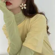 Elbow-Sleeve Plain T-Shirt / Long-Sleeve Sheer Top Plain T-Shirt - Tangerine - One Size