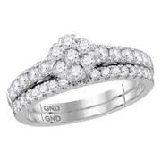 14k White Gold Round Diamond Cluster Bridal Wedding Ring Set 1 Cttw