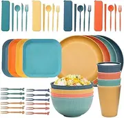 DOTOTO Eco-Friendly Wheat Straw Dinnerware Set 48pc, BPA-Free Colorful Plates, Bowls, Cups & Cutlery, Unbreakable Reusable Dinner Dishes & Microwave Safe, for Camping, Outdoor Barbecue, Picnic, Party