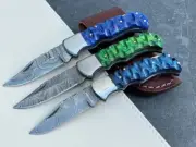 Damascus steel Folding Pocket Knife Lot 3 Blue and Green Wood Handle with Sheath