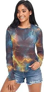 [AIXIWAWA] Women Long Sleeve Mesh Sheer Top Lightening Pattern, Sexy See-Through Blouse for Party Evening Wear S
