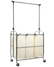 Seville Classics Rolling 3-Bag Laundry Sorter with Hanging Bar