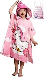 RIKONDA Kids Hooded Poncho Towel - Unicorn Bath Beach Cover-Up for Girls Age 3-8, Soft Microfiber Swim Towel with Snap Closure (75cm x 150cm, 350g)