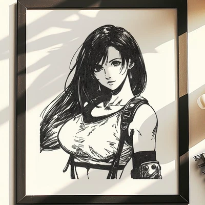 Hand Drawn (Not a Print) Final Fantasy Tifa Framed Pen and Ink Art Drawing