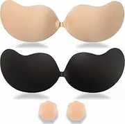 [KIETLA] Sticky Bra Strapless Adhesive Backless Invisible Push Up Bras for Women Dress Reusable 2 Pair Silicone Nipple Covers