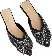 [Helenbra] Women's Rhinestone Bow Flat Mules,Fashion Sequins Bow-Knot Closed Pointed Toe Backless Comfortable Slip-On Beef Tendon Soft Sole Slides Wedding Party Mule Shoes