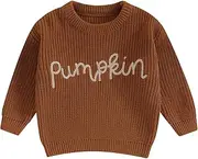 [Bufarromio] Toddler Baby Girls Halloween Knit Sweater Pumpkin Letter Embroidery Long Sleeve Jumper Round Neck Loose Fit Pullover Top 0-3T