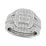 1.75 CT. T.W. Quad Princess-Cut Natural Diamond Frame Three Piece Bridal Engagement Ring Set in Solid 14K White Gold