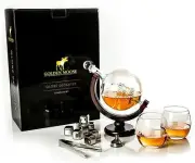 Whiskey Liquor Decanter Globe set + 2 Fine Spirit Etched Glasses w 8 Steel Cubes