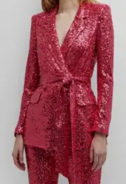 $550 Badgley Mischka Women's Red Belt Sequin Double-Breast Blazer Jacket Size 2