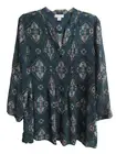 Charter Club Top XL Teal Artsy Sheer Boho Button Up Pintuck Bodice Tunic Blouse