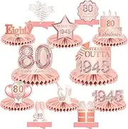 Happy 80th Birthday Rose Gold Table Honeycomb Centerpieces Balloons Theme Decor Table Decorations Table Toppers for Girls Women Sweet Princess 80 Years Old Pink Birthday Party Bday Supplies Ornament