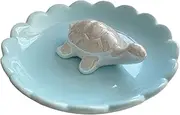 Azi 1pc Blue Round Jewelry Holder Pearlized 3D Turtle Trinket Dish 4.2’’ Decorative Plate for Earrings Necklace Ring Tray