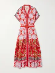 [Saloni] Saloni - Riya Belted Pleated Floral-print Linen-voile Dress - Red - UK 14 UK 14 Red