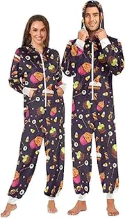 [ZZXXB] Halloween Candy Cake Onesie Pajamas for Adult Women Men Long Sleeves One Piece Onesies Hooded Sleepwear S - XL