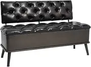 Vintage-Style Storage Bench with Backrest, 110 cm, Black Faux Leather, Versatile Seating and Storage Solution, Durable with Steel Legs