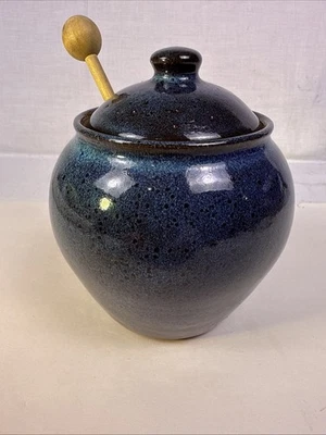 Vintage Studio Crafted Blue Glaze Stoneware Sugar/Honey Jar With Lid. Signed.