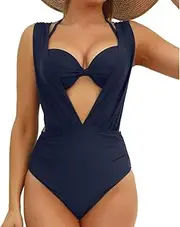 [Generic] Women's Underwire Tummy Control One Piece Halter Plunging Neck Swimsuit, Wide Straps, Ruched Waist, Back Hook Closure
