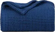 Premium Blue Cotton Waffle Weave King Size Blanket - Soft and Breathable for Year-Round Comfort - Cozy and Stylish Waffle Weave Cotton Blanket - Fits King & California King Beds