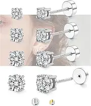 [Kakonia] 925 Sterling Silver Earrings for Sensitive Ears Cartilage Earrings Helix Conch Tragus Piercing Jewelry Flatback Stud Earrings White Gold Ball Dot Cubic Zirconia Earrings Set Studs 2/3/4/5mm