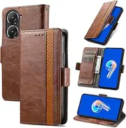 [MUBBAR] Solid Color Business Flip Cover Leather Protective Shell Compatible with Asus Zenfone 9 Zenfone 9 AI2202 B Anti-Fall Phone Case Non-Slip Stand Holder (Brown,Asus Zenfone 9)