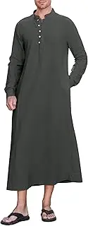 [NANAMEEI] Kaftan Men's Long-Sleeved Thobe Linen Muslim Dresses Men's Robe Buttons with Pockets