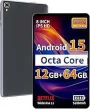 Topsand 2025 Android 15 Tablet 8 inch Tablet, Octa-Core Processor, 12GB RAM 64GB ROM 2TB Expandable, 1280 * 800 IPS HD Screen, WiFi6, BT5.4, Widevine L1, 5MP+8MP Dual Camera Tableta - Grey