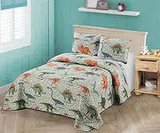 Better Home Style Blue Green Orange Grey Dinosaurs World Kids/Boys/Toddler Coverlet Bedspread Quilt Set with Shams # Dinosaur Family (Queen/Full)